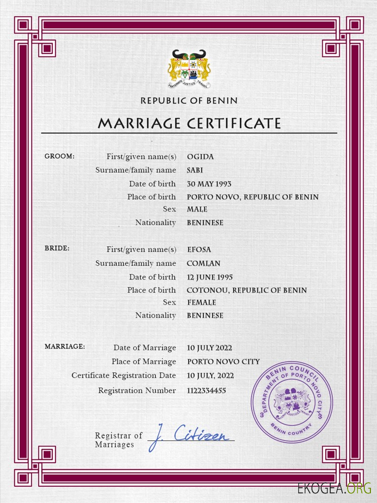 Modèle PSD de certificat de mariage du Bénin